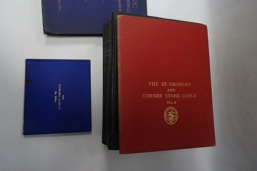 Gould, R.F. - The History of Freemasonry, Caxton, (6 vols); Hammond, W. - Masonic Emblems & Jewels, 1927 (ex-libris); Crowe, F.J. - Masonic Clothing and Regalia, British and Continental, Edinburgh 1897; Sanderson, W. St